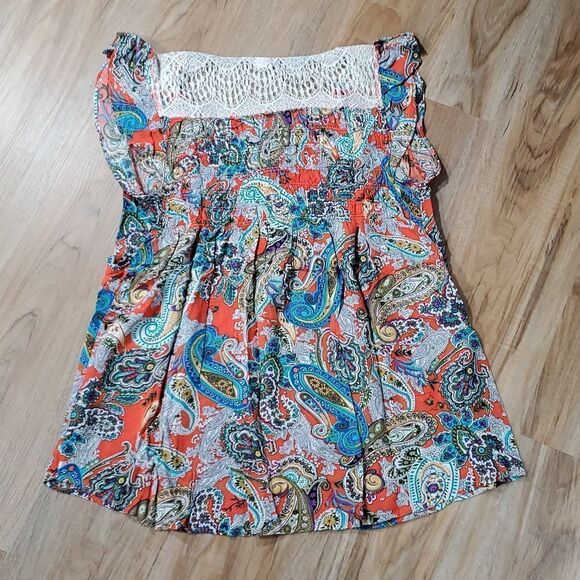 🔺️Adiktd Cream Lace & Multicolored Paisley Cap Sleeve Boho Top Large - Picture 3 of 9